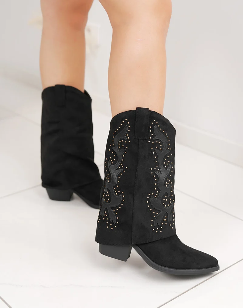 Bottines femme noires style santiags en suédine avec détails dorés et cuir