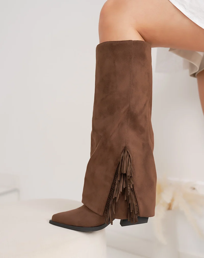 Bottes femme marron en suédine à franges et talon carré 6cm