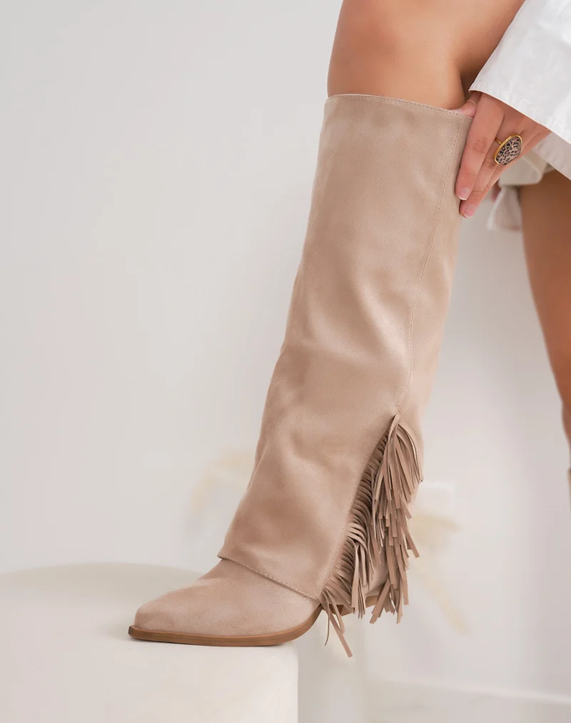 Bottes femme taupe en suédine élégante à franges et talon carré 6cm