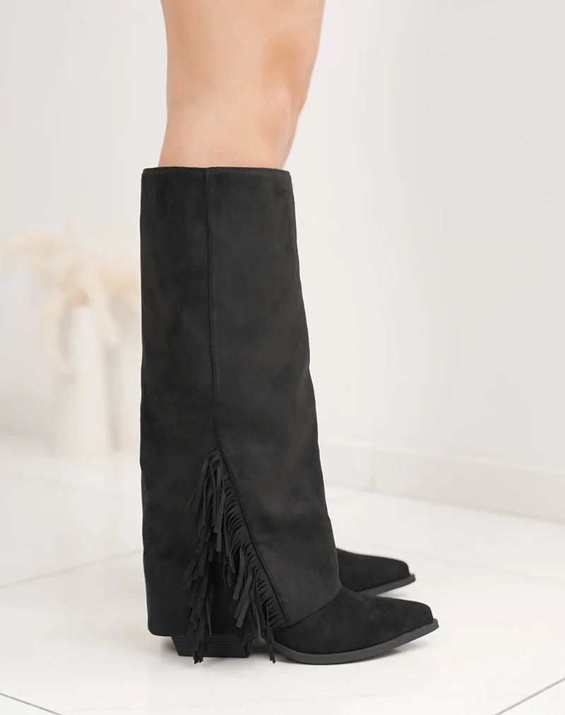 Bottes femme noires en suédine tendance à franges et talon carré 6cm