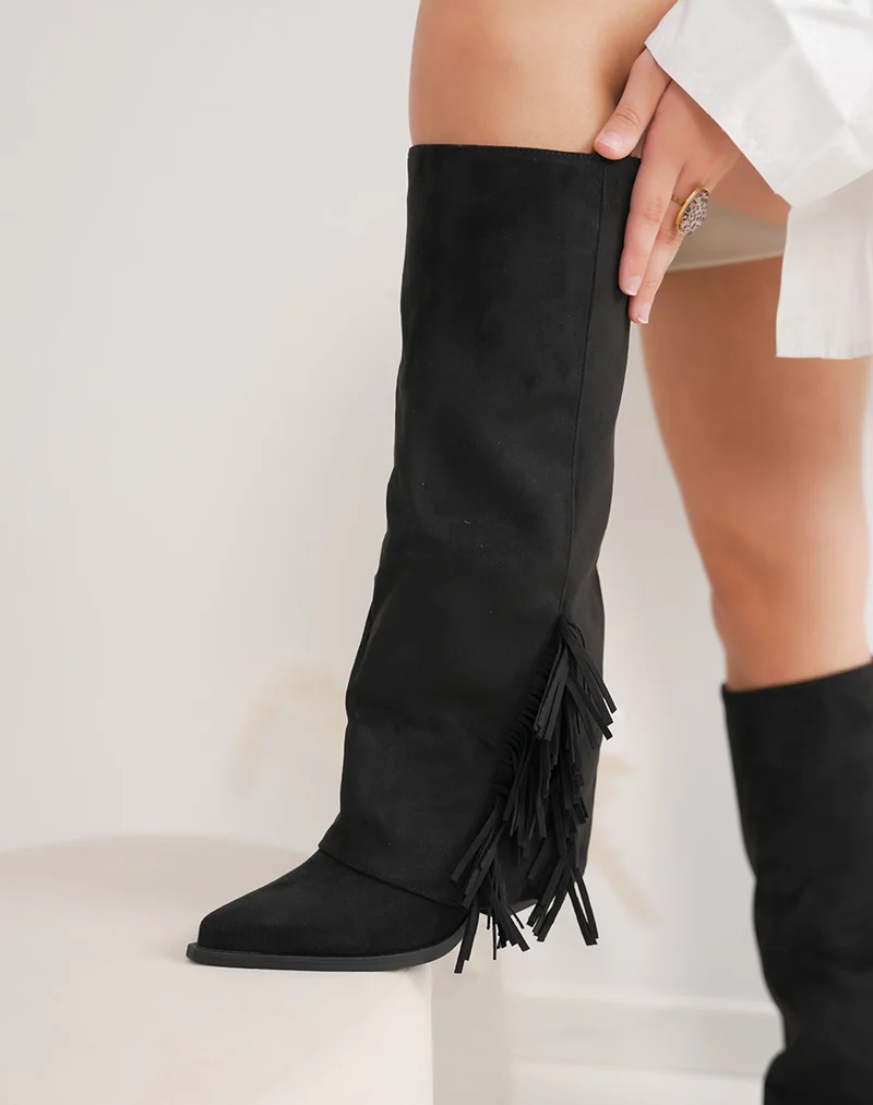 Bottes femme noires en suédine tendance à franges et talon carré 6cm