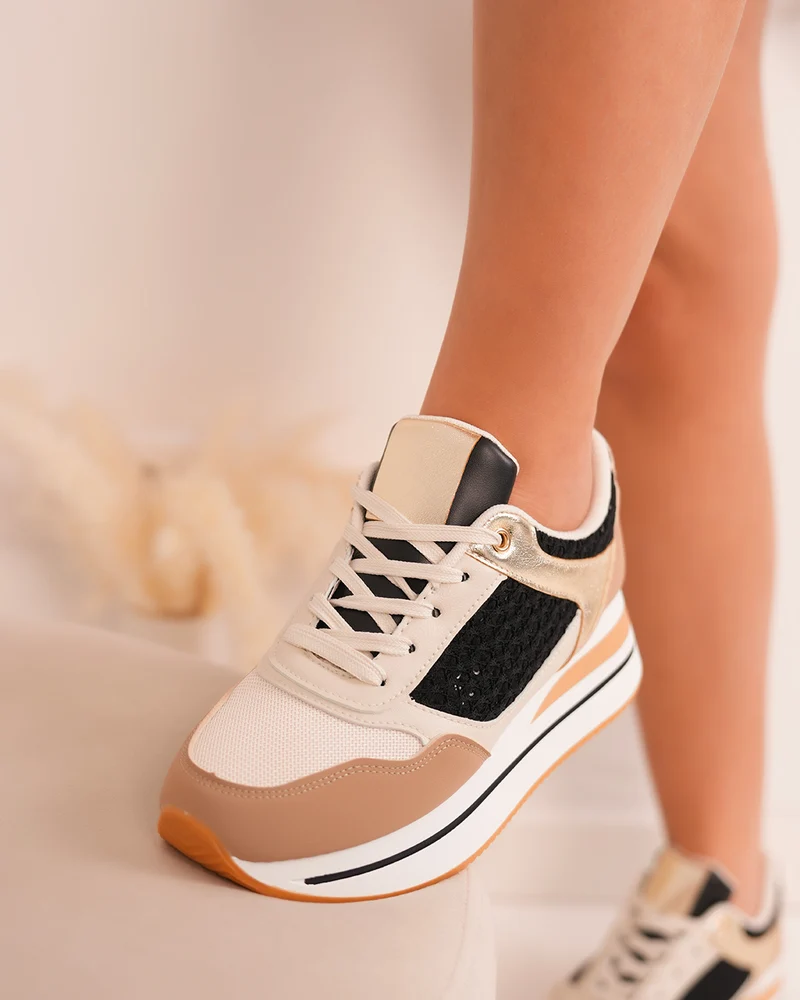 Basket femme beige et noire tendance avec broderie pailletée et dorures