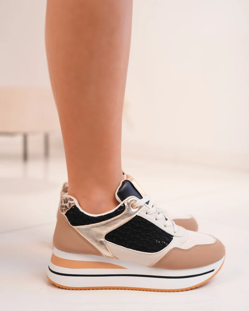 Basket femme beige et noire tendance avec broderie pailletée et dorures
