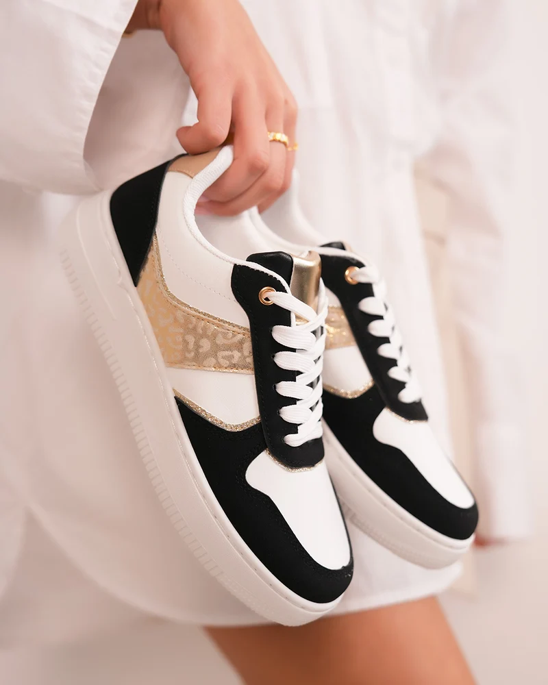 Basket femme blanche et noire tendance avec détail léopard doré