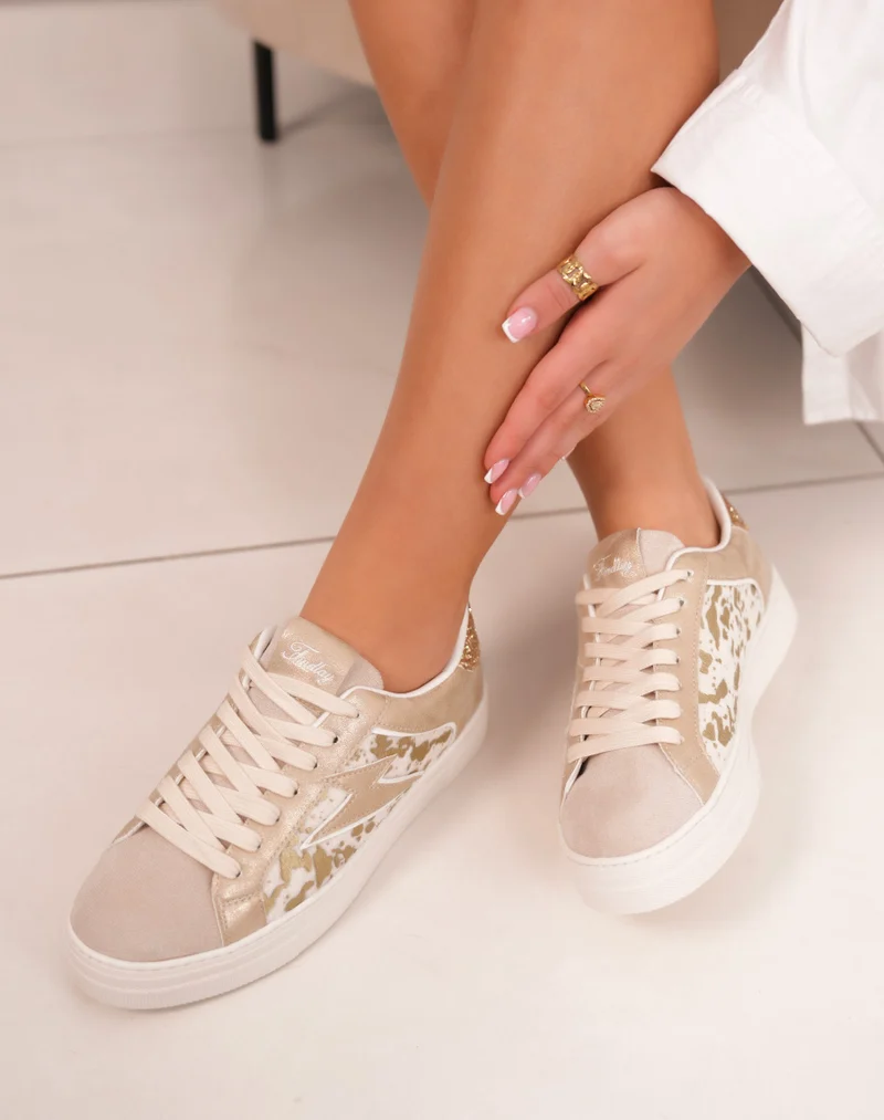 Baskets femme FINDLAY beige à empiècements dorés et effet vachette tendance