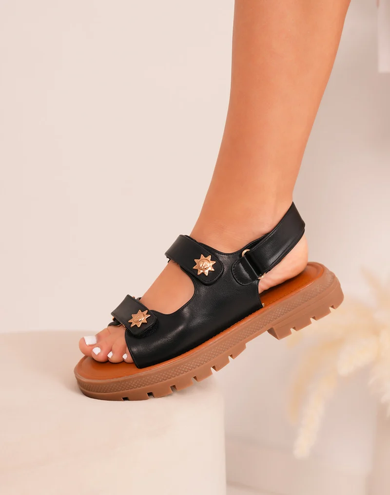Sandales FINDLAY femme noires à double brides et détails soleil bronze