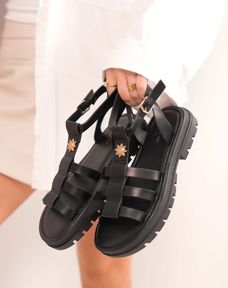 Sandales noires FINDLAY femme à triple bride et détail soleil bronze