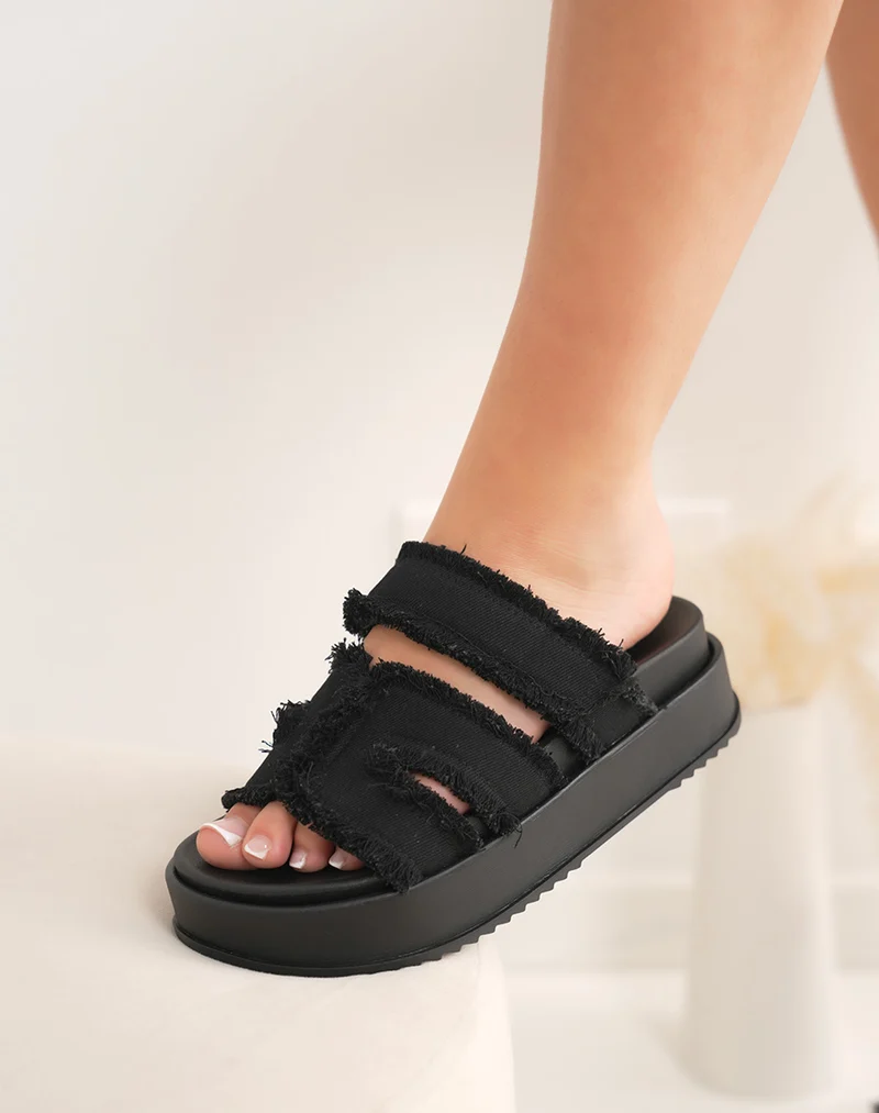 Mules femme noires en H effet jean déchiré avec semelle épaisse confortable