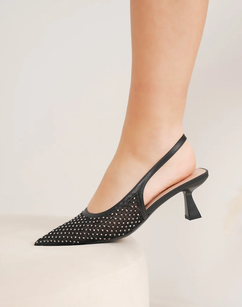 Escarpins femme noirs transparents à strass et petit talon avec lanière arrière