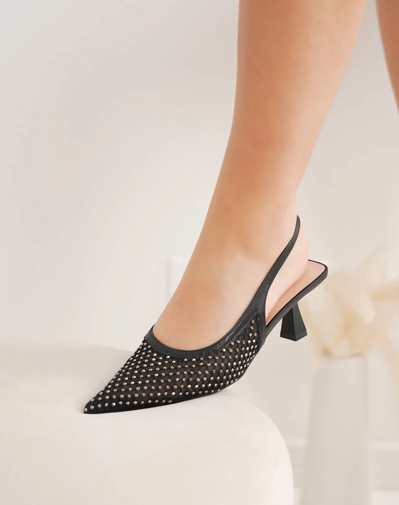 Escarpins femme noirs transparents à strass et petit talon avec lanière arrière