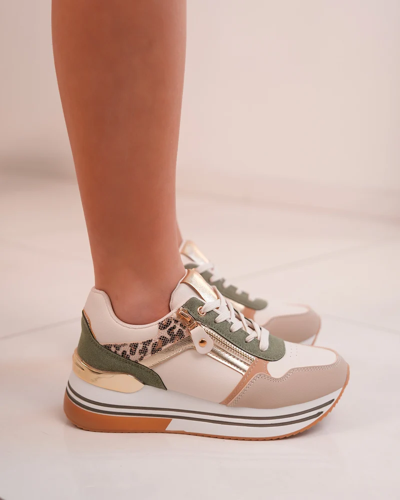Basket femme verte et beige tendance avec détails léopard et dorés