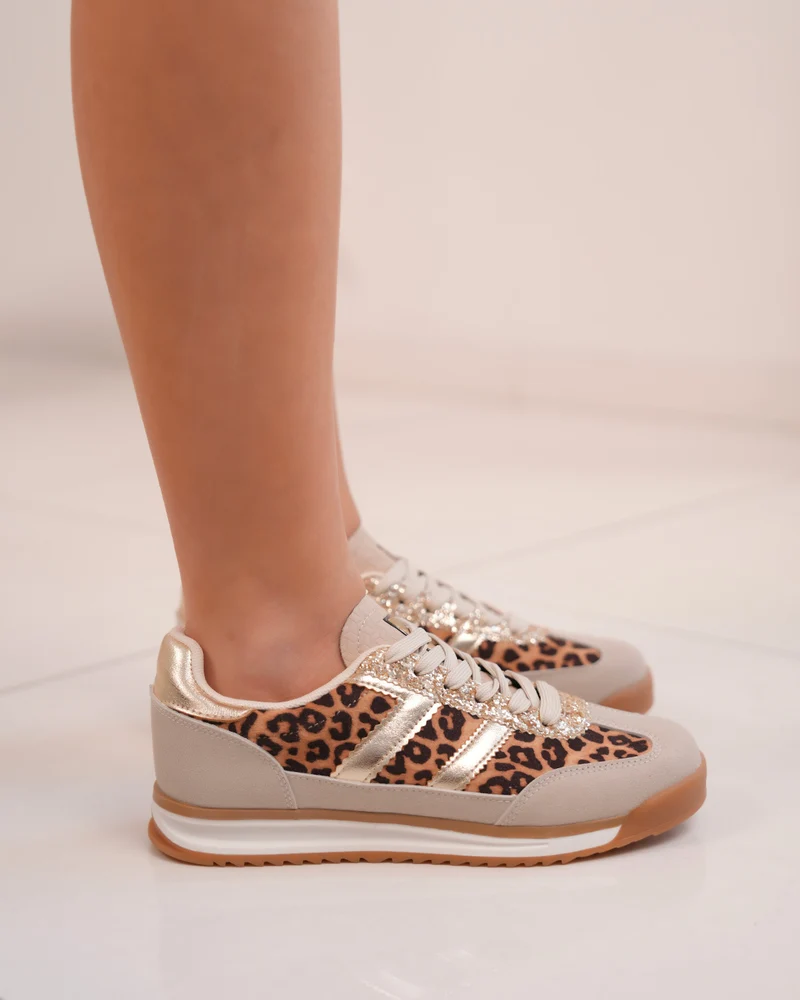 Basket femme beige à empiècements léopard et doré