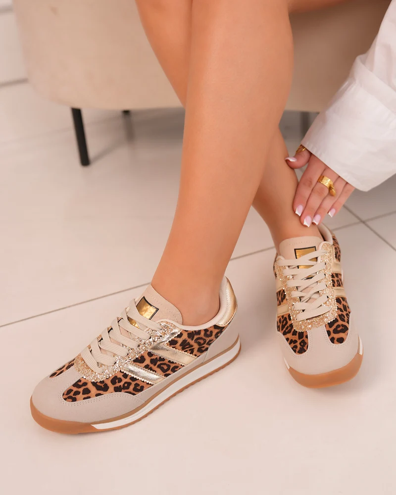 Basket femme beige à empiècements léopard et doré