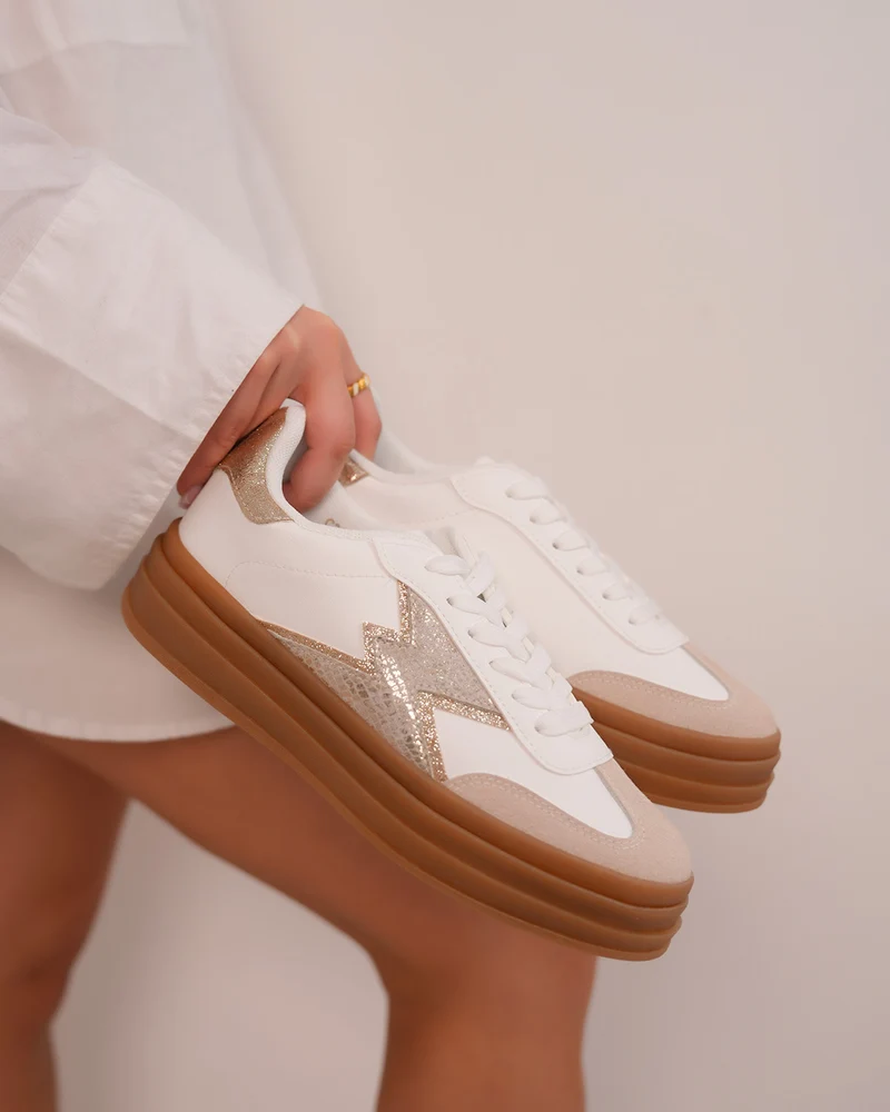 Basket femme blanche avec empiècements beige et doré pailleté