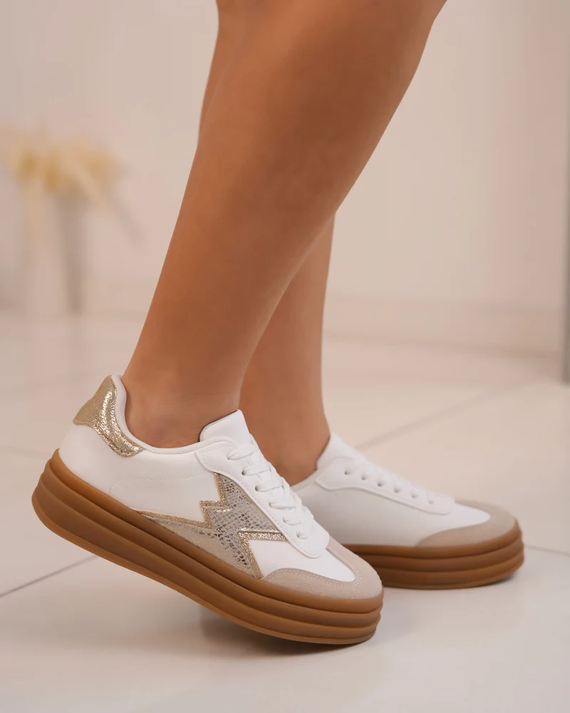 Basket femme blanche avec empiècements beige et doré pailleté