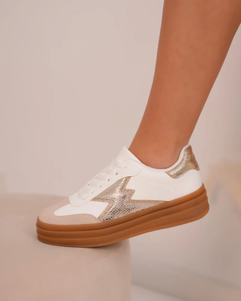Basket femme blanche avec empiècements beige et doré pailleté