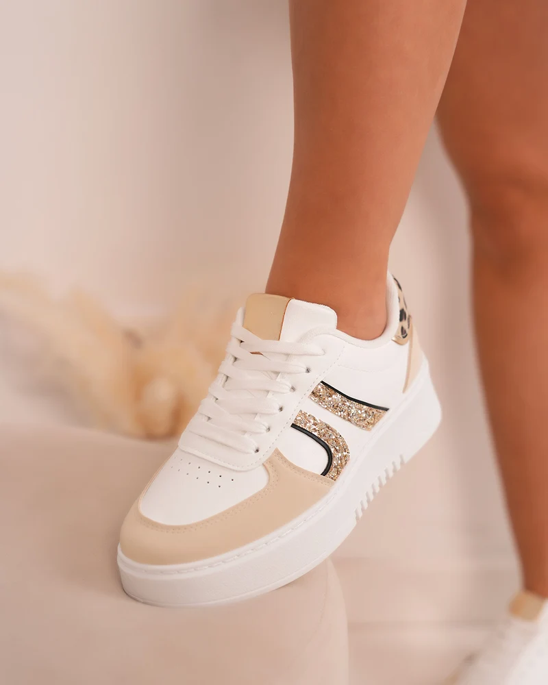 Basket beige femme avec détails léopard et paillettes dorées