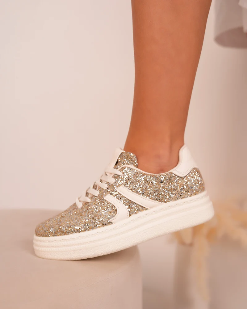Basket dorée pailletée femme avec lacets blancs et semelle épaisse