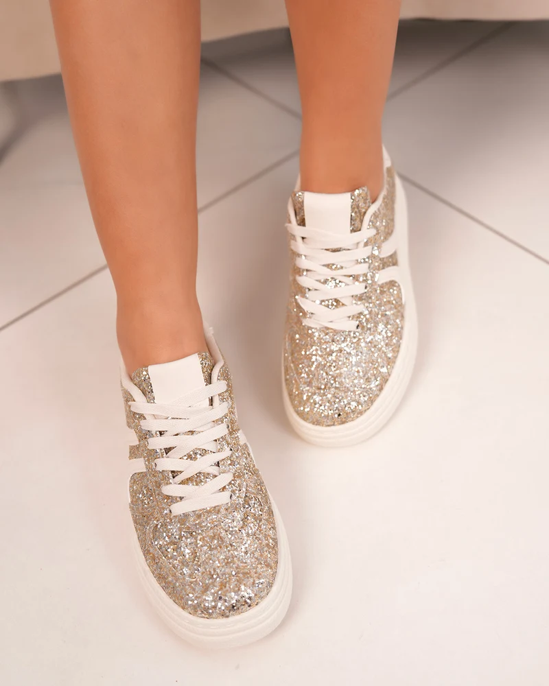 Basket dorée pailletée femme avec lacets blancs et semelle épaisse