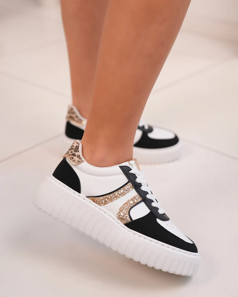 Basket femme blanche et noire tendance avec paillettes dorées et détail léopard
