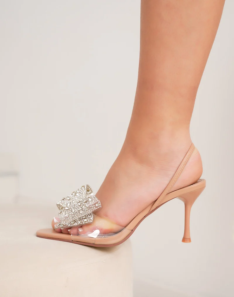 Sandales femme beige élégantes à talon aiguille et nœud à strass scintillant