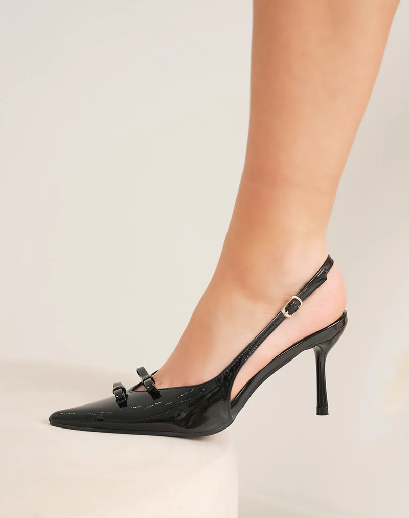 Escarpins femme noirs vernis élégants à petits nœuds et bout pointu
