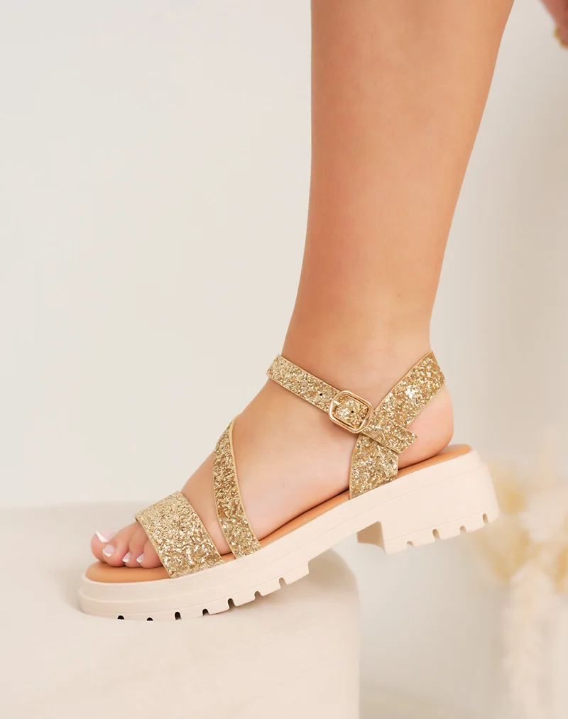 Nu-pieds femme dorés pailletés FINDLAY à lanières fines avec semelle crantée