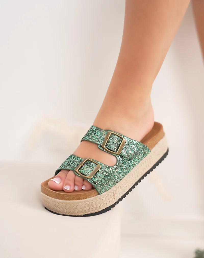 Mules femme vertes pailletées FINDLAY à double sangle avec plateforme tressée 4 cm