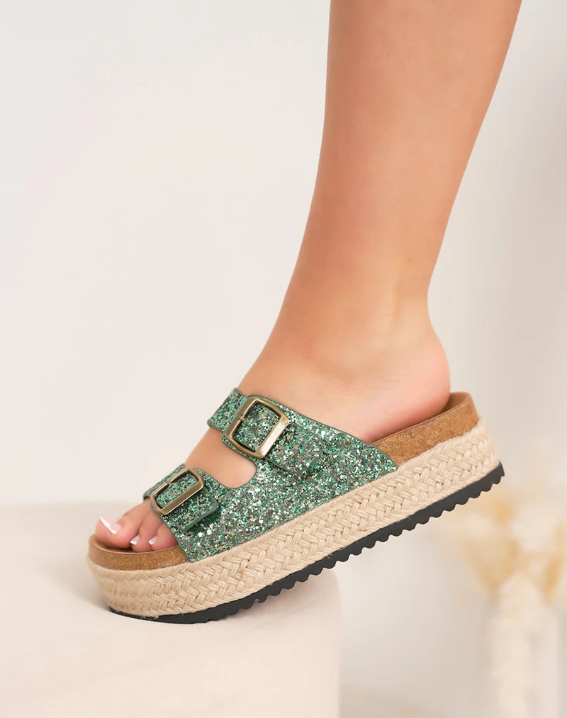Mules femme vertes pailletées FINDLAY à double sangle avec plateforme tressée 4 cm