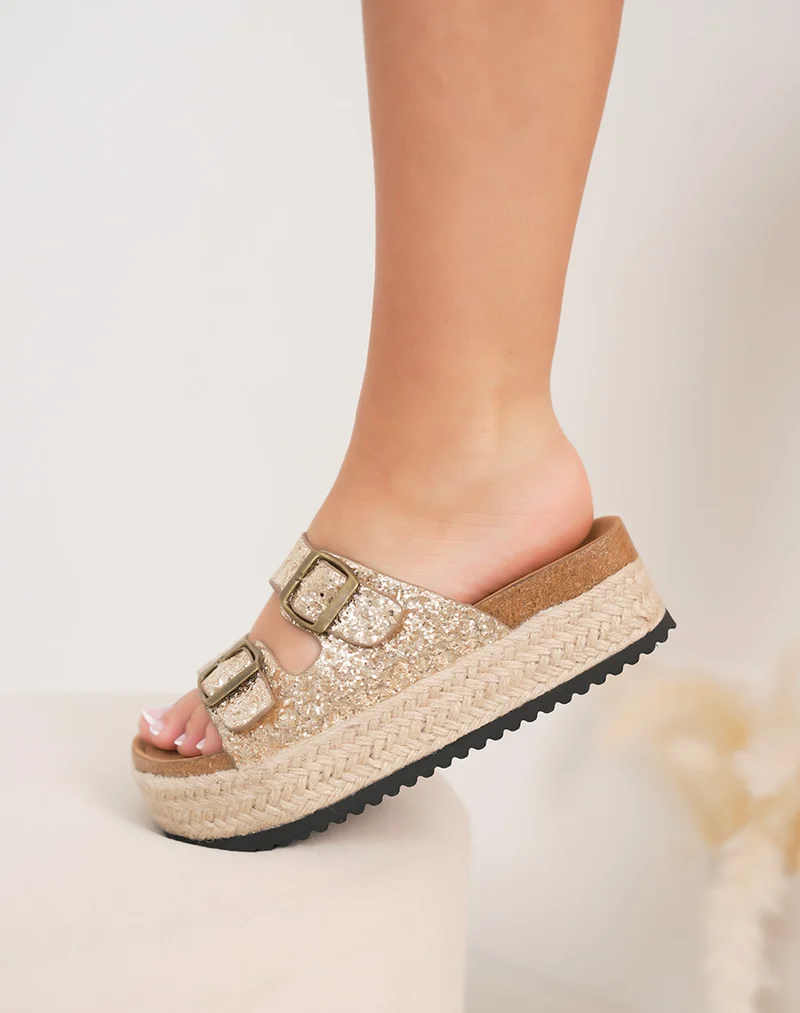 Mules femme dorées pailletées FINDLAY à double sangle avec plateforme tressée 4 cm