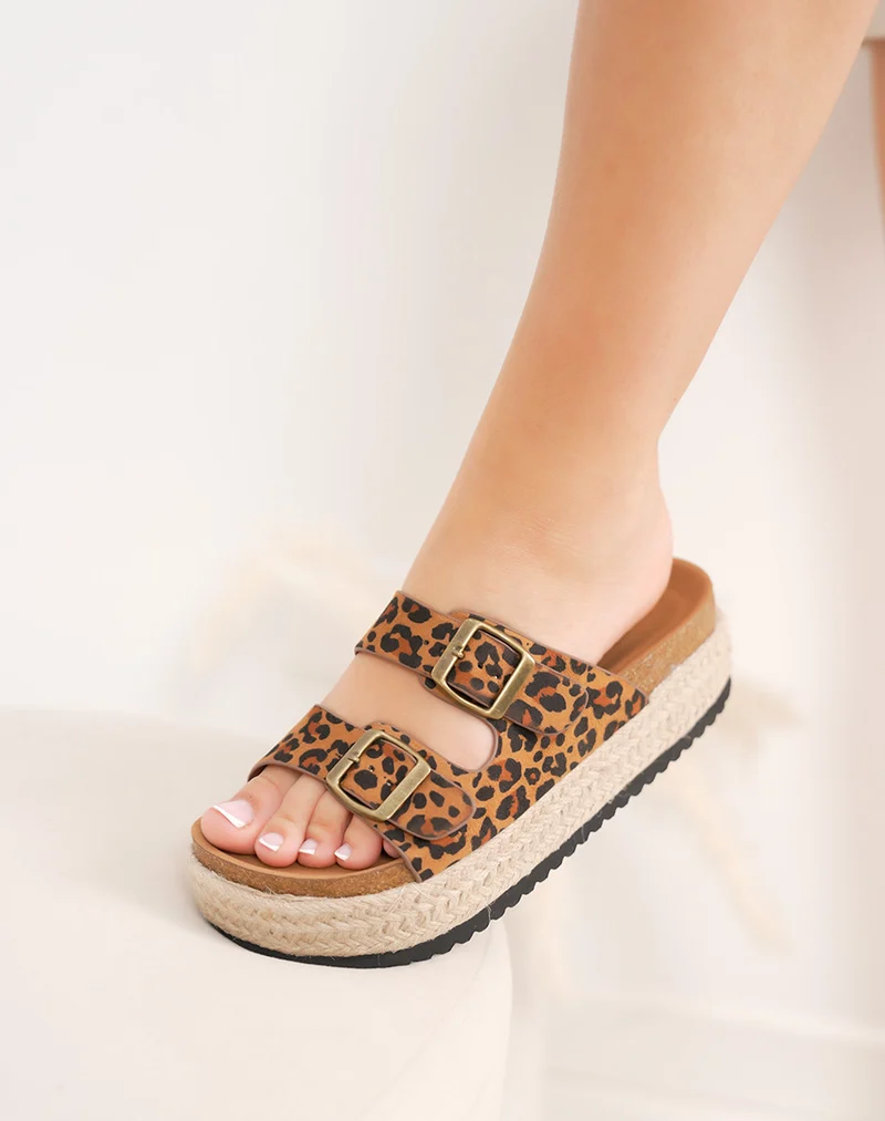 Mules femme léopard FINDLAY à double sangle avec plateforme tressée 4 cm
