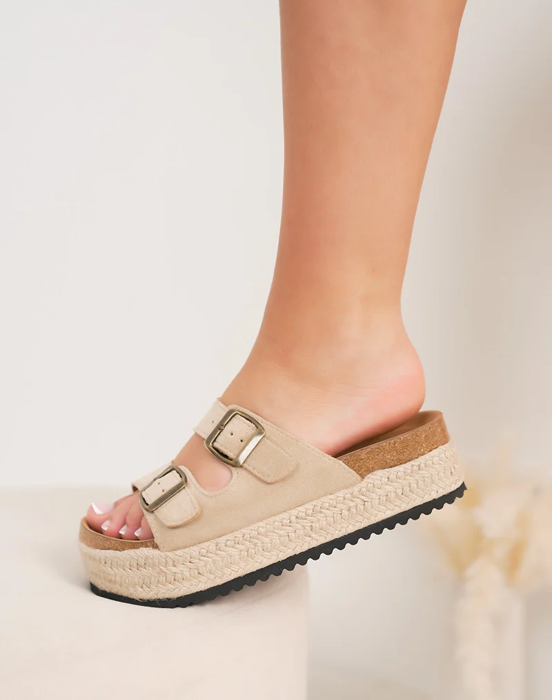 Mules femme beige FINDLAY confortables en suédine avec plateforme tressée 4 cm