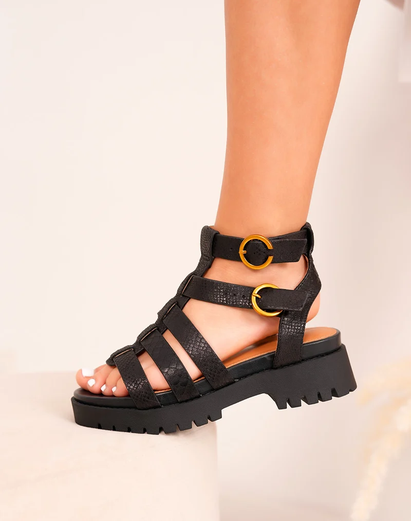 Sandales FINDLAY femme noires effet croco irisé avec brides épaisses et semelle crantée