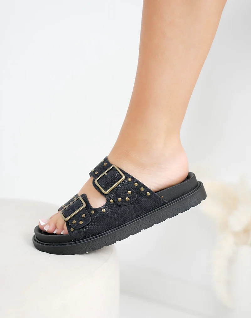 Mules femme noires effet serpent tendance avec détails dorés et semelle plate