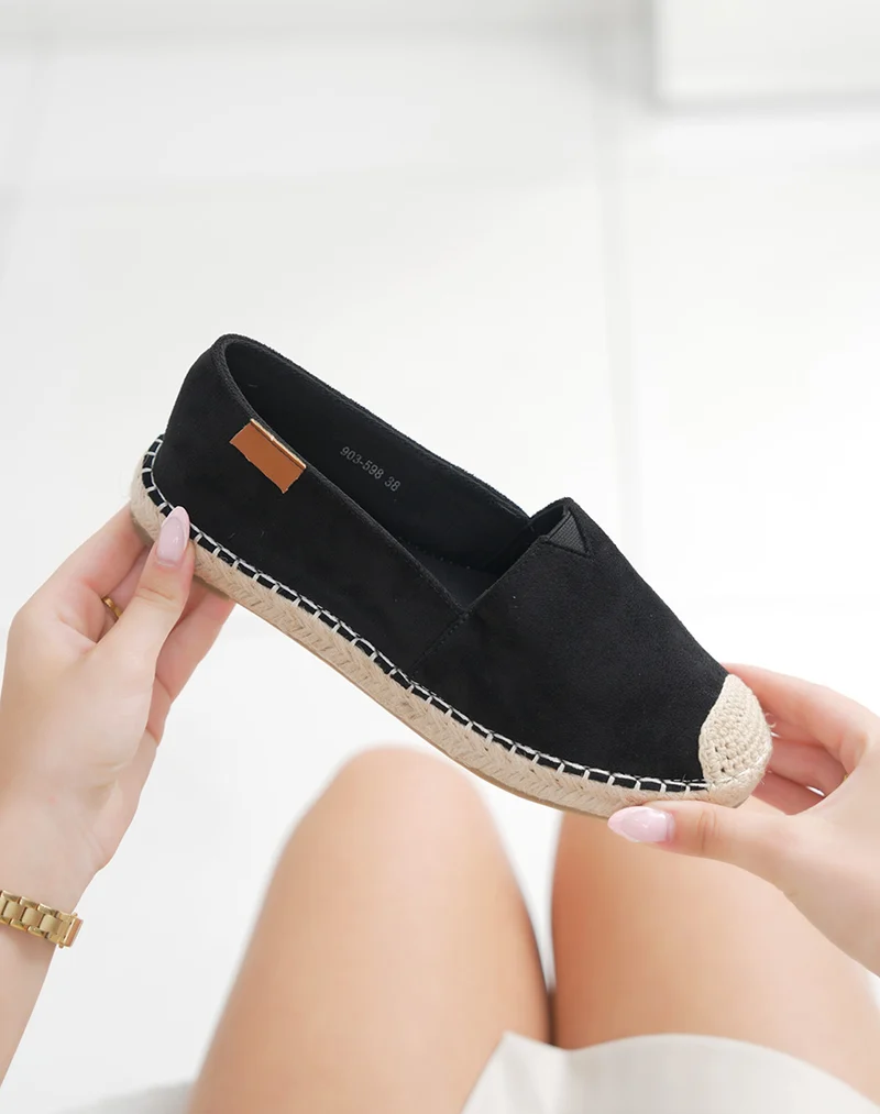 Espadrilles femme noires tendance en suédine avec bout corde tressée