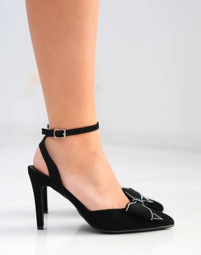 Escarpins femme noirs en suédine avec noeud à strass et talon fin