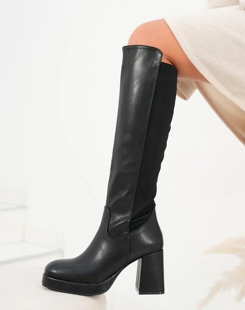 Bottes femme noires à talon haut carré avec plateforme et tige élastique