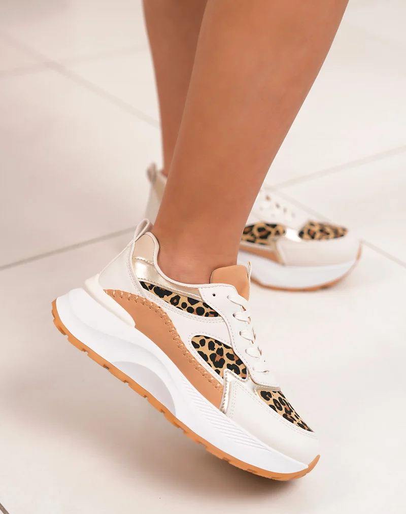 Baskets femme blanches tendance à imprimé léopard et plateforme épaisse