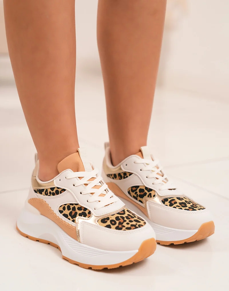 Baskets femme blanches tendance à imprimé léopard et plateforme épaisse
