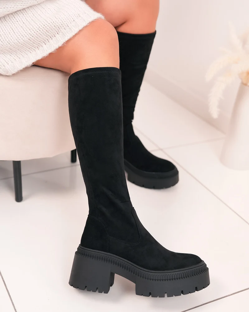 Bottes femme noires en suédine effet chaussette avec plateforme et talon carré