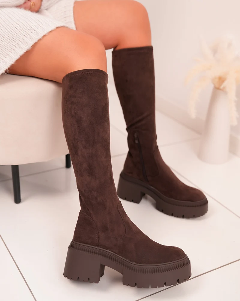 Bottes femme marron en suédine effet chaussette avec plateforme et talon carré