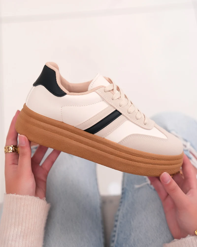 Basket femme beige avec empiècements suédés et plateforme marron tendance