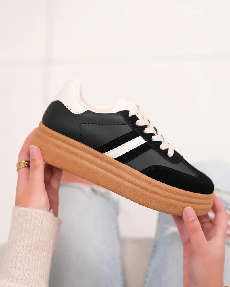 Basket femme noire avec détails beiges et plateforme marron moderne