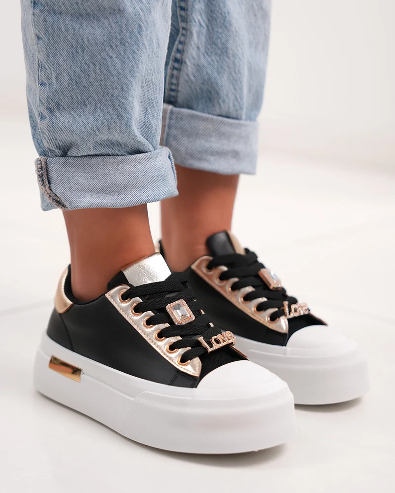 Basket femme noire chic avec strass dorés et plateforme tendance