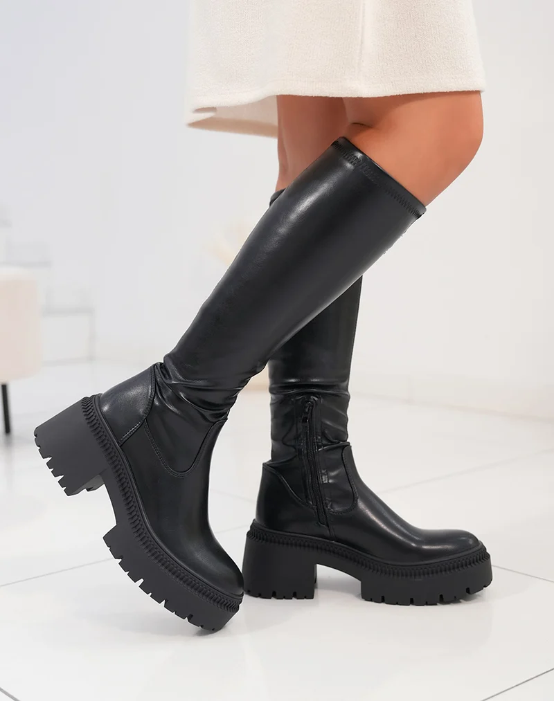 Bottes femme noires effet chaussette avec semelle crantée et talon de 6 cm