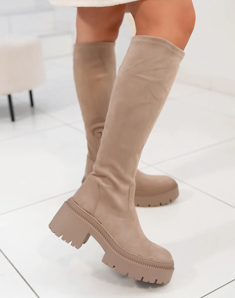 Bottes femme taupe effet chaussette avec semelle crantée et talon de 6 cm