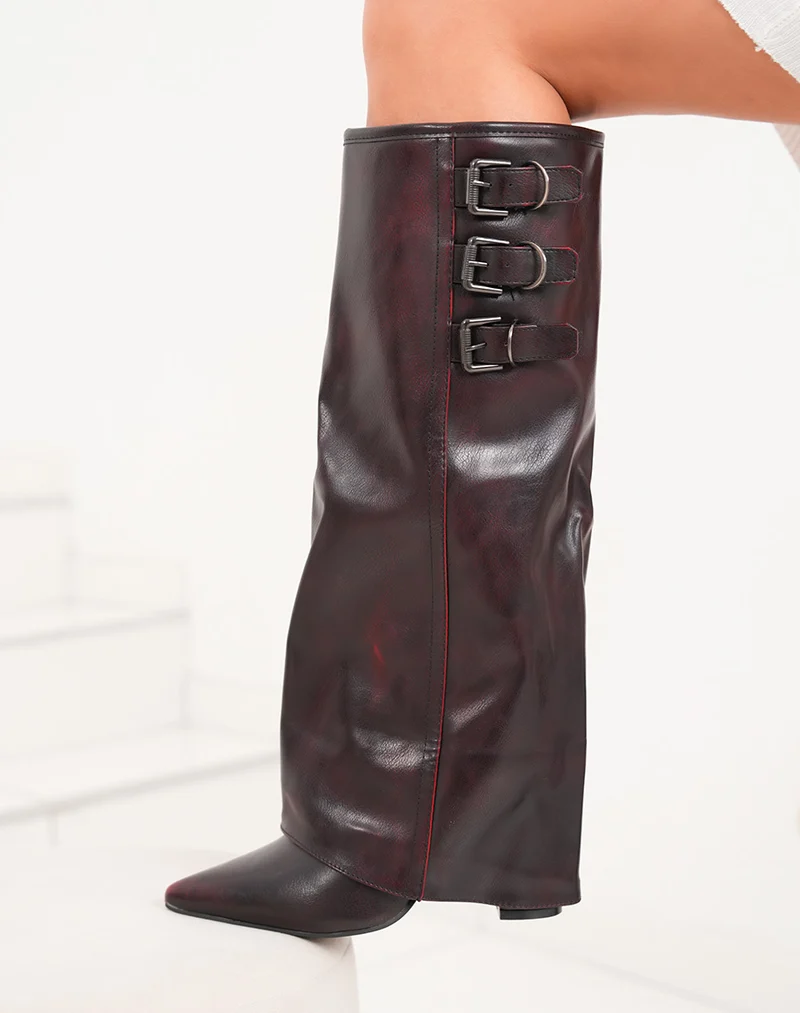 Bottes bordeaux effet délavé à talon carré et bout pointu
