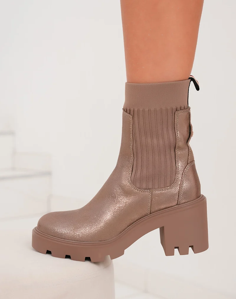 Bottines femme bronze irisé à talon avec élastique et semelle crantée