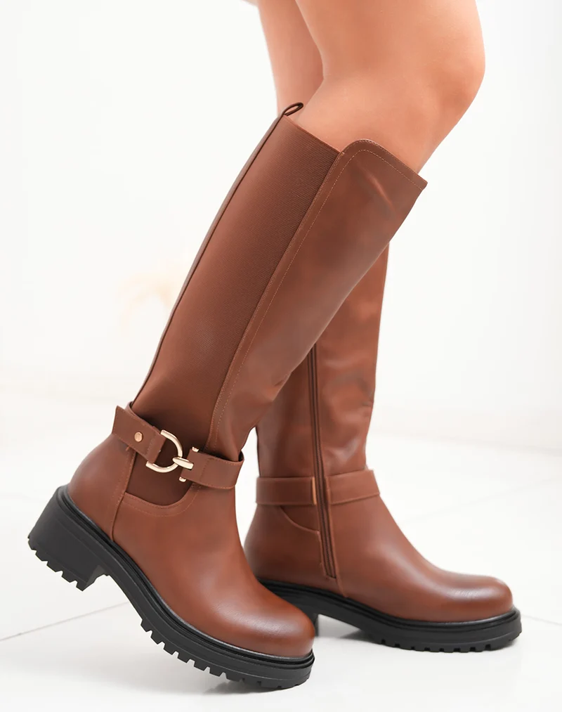 Bottes femme camel à talon cranté et boucle dorée intérieur fourré