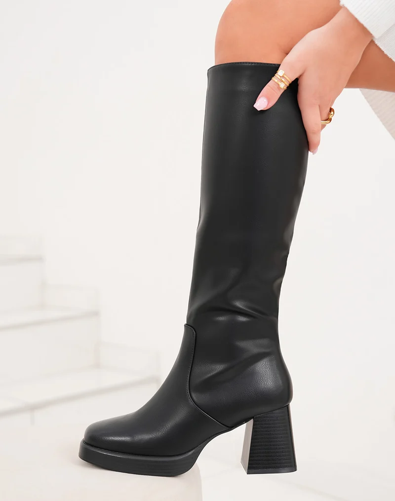 Bottes femme noires à talon épais et bout carré avec plateforme